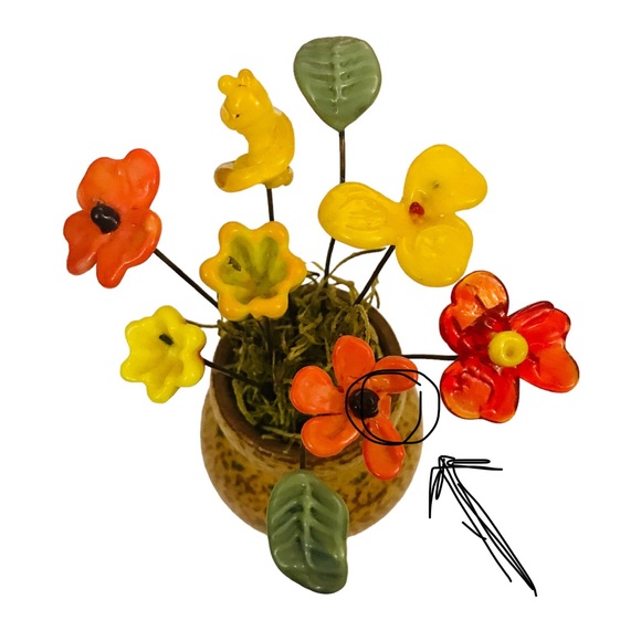 Miniature Czech Glass Flowers in Pottery Vase 5” Midcentury Vintage Boho Orange - Picture 12 of 12